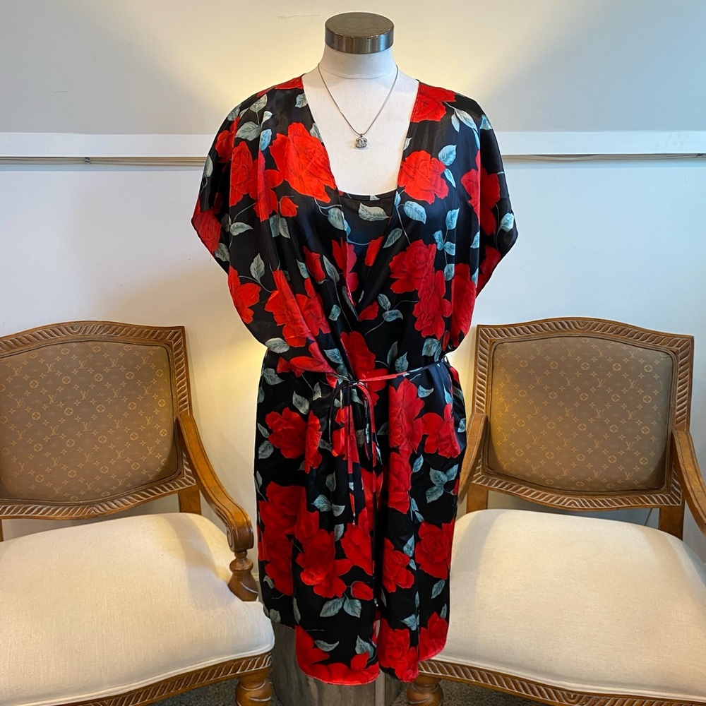 Secret Treasures Red and Black Floral Mini Slip Dress and Robe Set, Size XXL
